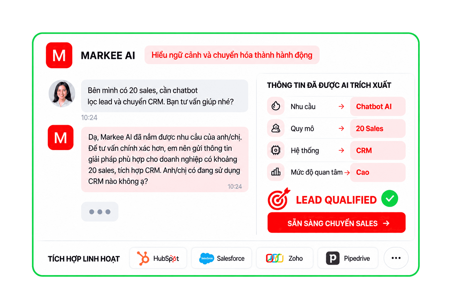 MARKee AI — hiểu ngữ cảnh, trích xuất nhu cầu và chuyển lead đã qualified cho Sales