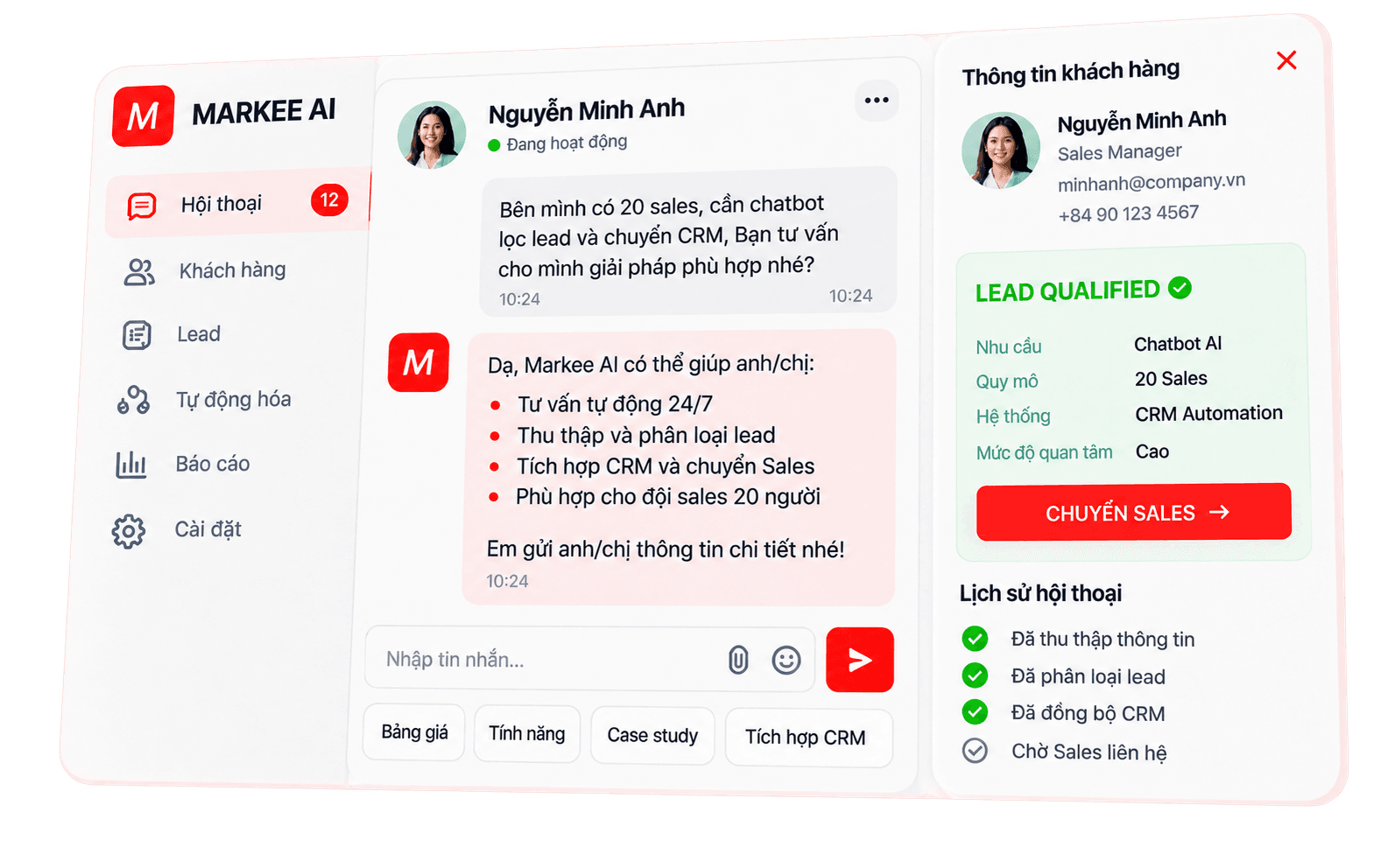 MARKee AI — giao diện chatbot xử lý hội thoại và chuyển lead cho Sales