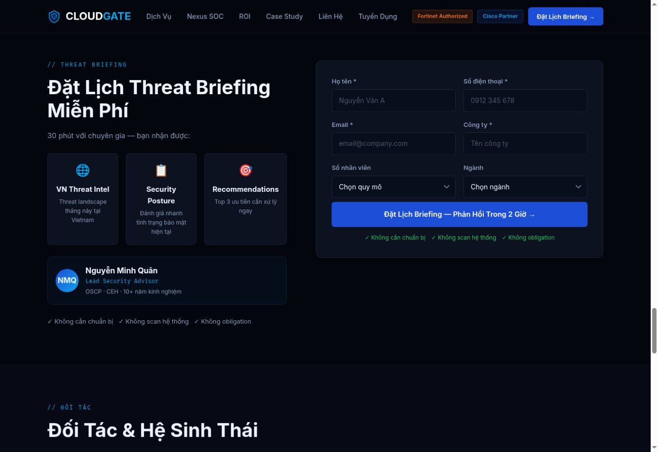 Form đặt lịch Threat Briefing dành cho doanh nghiệp